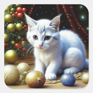 Pegatina Cuadrada Gatito blanco jugando con los adornos navideños de