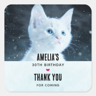 Pegatina Cuadrada Gatito blanco lindo con ojos azules Bonitos Cumple