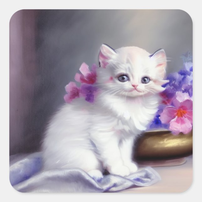Pegatina Cuadrada Gatito blanco vintage con flores rosadas y moradas (Anverso)
