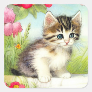 Pegatina Cuadrada Gatito blanco y marrón vintage con flores