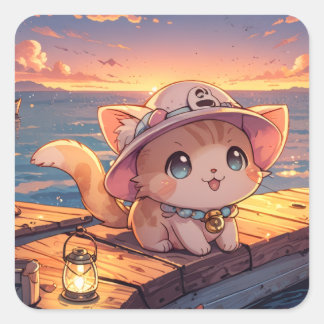 Pegatina Cuadrada Gatito Chibi Adorable en el Puerto al Atardecer –