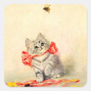 Pegatina Cuadrada Gatito con cinta roja