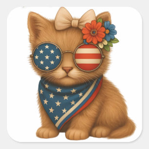 Pegatina Cuadrada Gatito con lazo coqueto floral patriótico