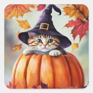 Pegatina Cuadrada Gatito Cuerdo En Calabaza Con Gorra De Bruja Morad