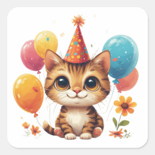 Pegatina Cuadrada Gatito de cumpleaños con globos y flores adorable