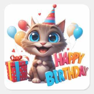 Pegatina Cuadrada Gatito de Cumpleaños Dulce Con Caja de Regalo 🐱