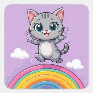 Pegatina Cuadrada Gatito de dibujos animados adorable saltando alegr