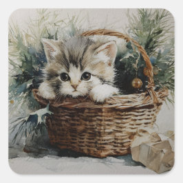 Pegatina Cuadrada Gatito de Navidad