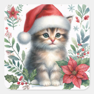 Pegatina Cuadrada Gatito de Navidad con sombrero de Santa