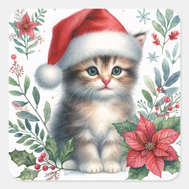 Pegatina Cuadrada Gatito de Navidad con sombrero de Santa (Anverso)