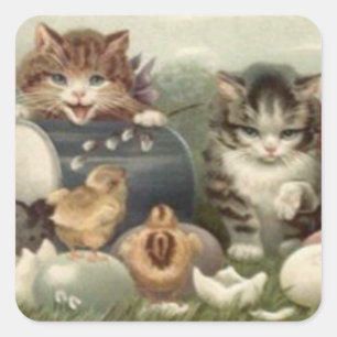 Pegatina Cuadrada Gatito de Pascua de huevo de color Kitten Cat