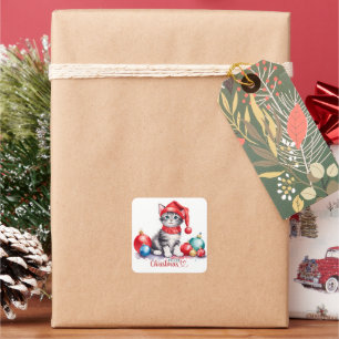 Pegatina Cuadrada Gatito De Tabby En Santa Hat Feliz Navidad