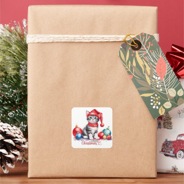 Pegatina Cuadrada Gatito De Tabby En Santa Hat Feliz Navidad (Vacaciones)