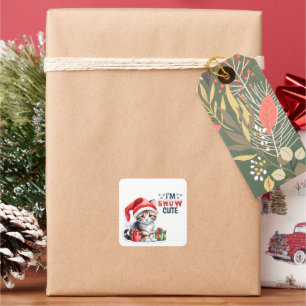 Pegatina Cuadrada Gatito De Tabby En Santa Hat Feliz Navidad