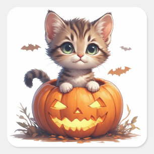 Pegatina Cuadrada Gatito dentro de la calabaza de Halloween 🎃