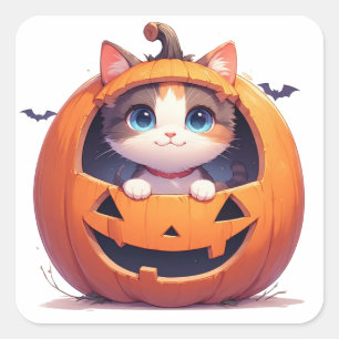 Pegatina Cuadrada Gatito dentro de una calabaza de Halloween 🎃