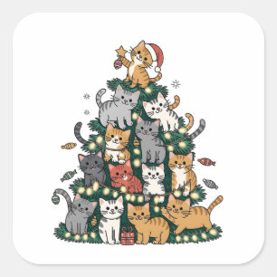 Pegatina Cuadrada Gatito Divertido Árbol de Navidad Gato Mascota Ama