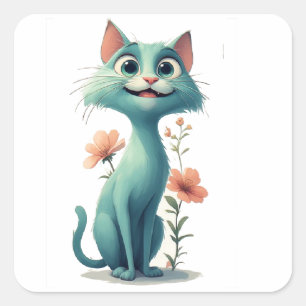 Pegatina Cuadrada Gatito Dulce Con Flores Y Corazones De Amor Bonito