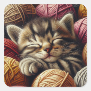 Pegatina Cuadrada Gatito dulce durmiendo en yarn Adorable