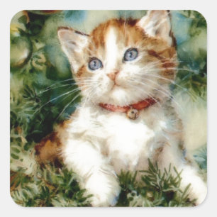 Pegatina Cuadrada Gatito en el árbol de Navidad