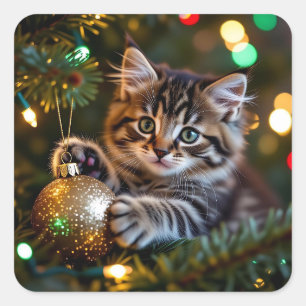 Pegatina Cuadrada Gatito en el árbol de Navidad