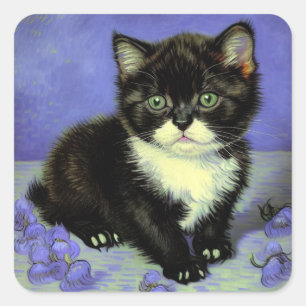 Pegatina Cuadrada Gatito esmoquin de Van Gogh