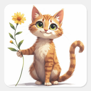 Pegatina Cuadrada Gatito Feliz Sosteniendo Flor Amarilla 🌺