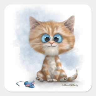 Pegatina Cuadrada Gatito Jengibre con Ratón Dibujo Animado
