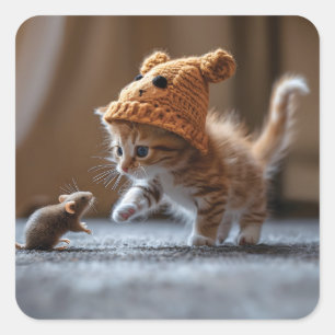 Pegatina Cuadrada Gatito jugando con un ratón pequeño