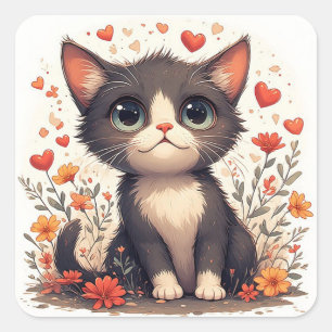 Pegatina Cuadrada Gatito Juguetón Entre Corazones Y Flores Lindo 🌼