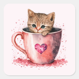 Pegatina Cuadrada Gatito lindo en una taza de té con corazones