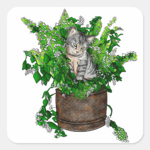 Pegatina Cuadrada Gatito lindo personalizado en una olla de café