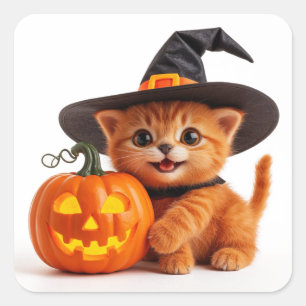 Pegatina Cuadrada Gatito Naranja de Halloween Jack O Linterna Calaba