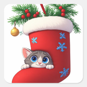 Pegatina Cuadrada 🎄 Gatito Navideño Lindo Escondiéndose En Media 🐾