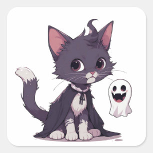 Pegatina Cuadrada Gatito negro adorable con capa de Halloween de fan