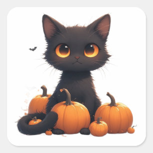 Pegatina Cuadrada Gatito Negro Con Calabaza De Cosecha