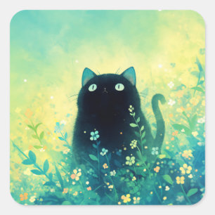 Pegatina Cuadrada Gatito Negro Fantasía Floral