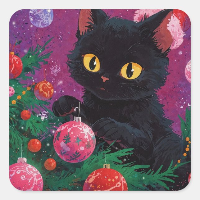 Pegatina Cuadrada Gatito negro y árbol de Navidad (Anverso)