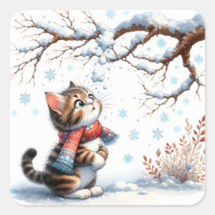 Pegatina Cuadrada Gatito observando la nieve que cae desde una rama