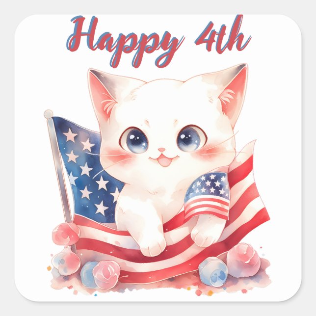 Pegatina Cuadrada Gatito Patriótico 4 de Julio Feliz 4 Personalizado (Anverso)