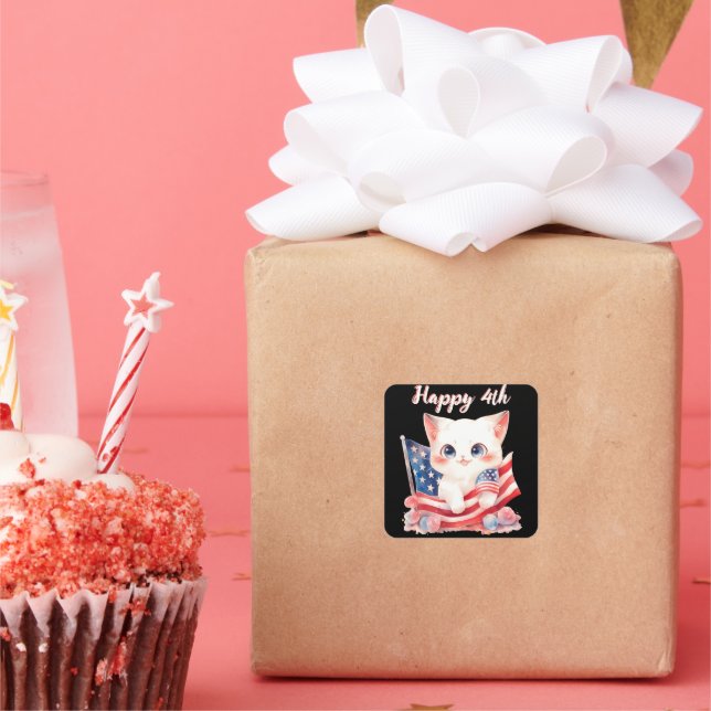 Pegatina Cuadrada Gatito Patriótico 4 de Julio Feliz 4 Personalizado (Fiesta)