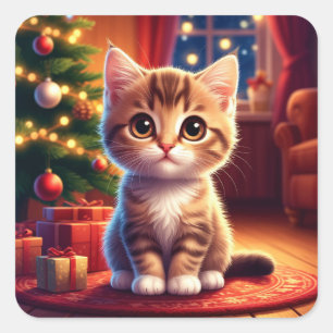 Pegatina Cuadrada Gatito sentado junto al árbol de Navidad brillante
