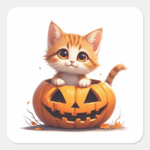 Pegatina Cuadrada Gatito Sonriente En Parche De Calabaza Halloween �