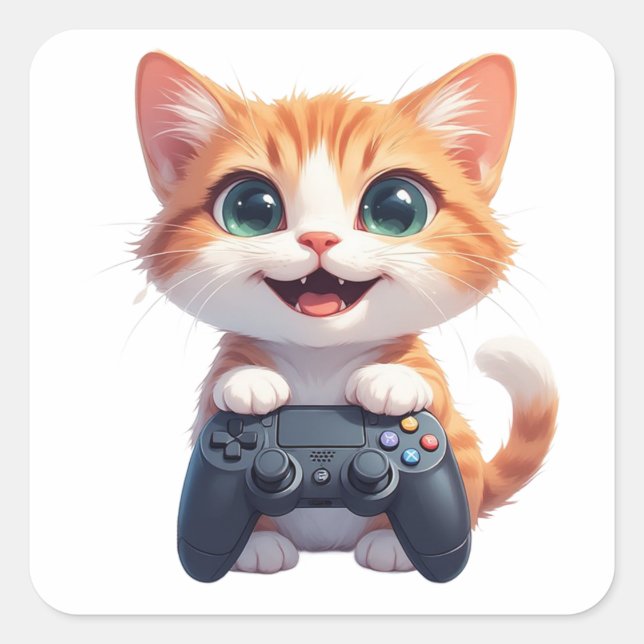 Pegatina Cuadrada Gatito sosteniendo un control de juego sonriendo G (Anverso)