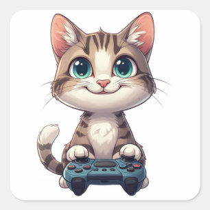 Pegatina Cuadrada Gatito sosteniendo un mando de juego sonriendo Gam