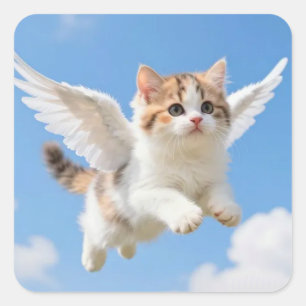 Pegatina Cuadrada Gatito Volador Adorable Calico Tabby Cielo Azul