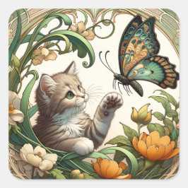 Pegatina Cuadrada Gatito y mariposa de juguete Art Nouveau