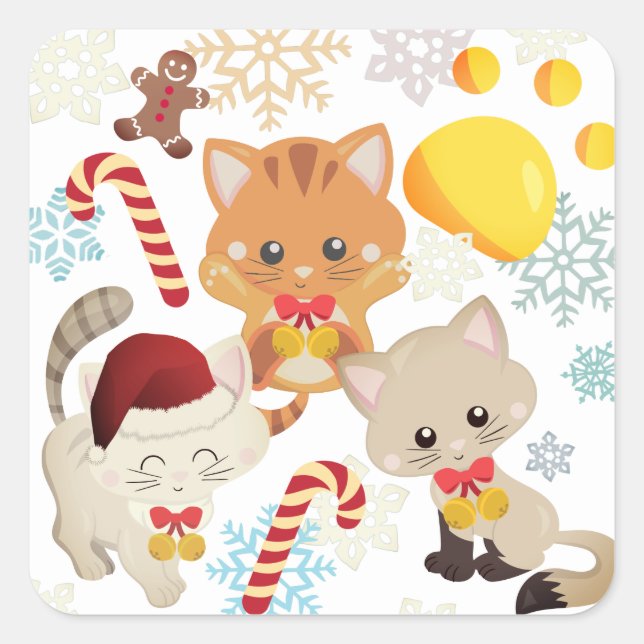 Pegatina Cuadrada Gatitos adorables de Navidad (Anverso)