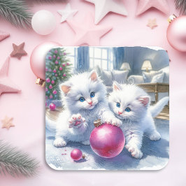 Pegatina Cuadrada Gatitos Blancos Adorables Navidades Rosa