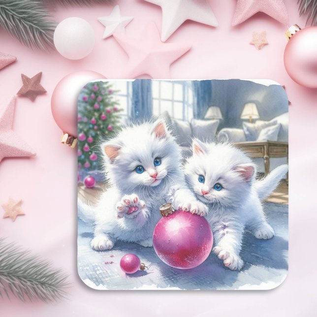 Pegatina Cuadrada Gatitos Blancos Adorables Navidades Rosa (Subido por el creador)